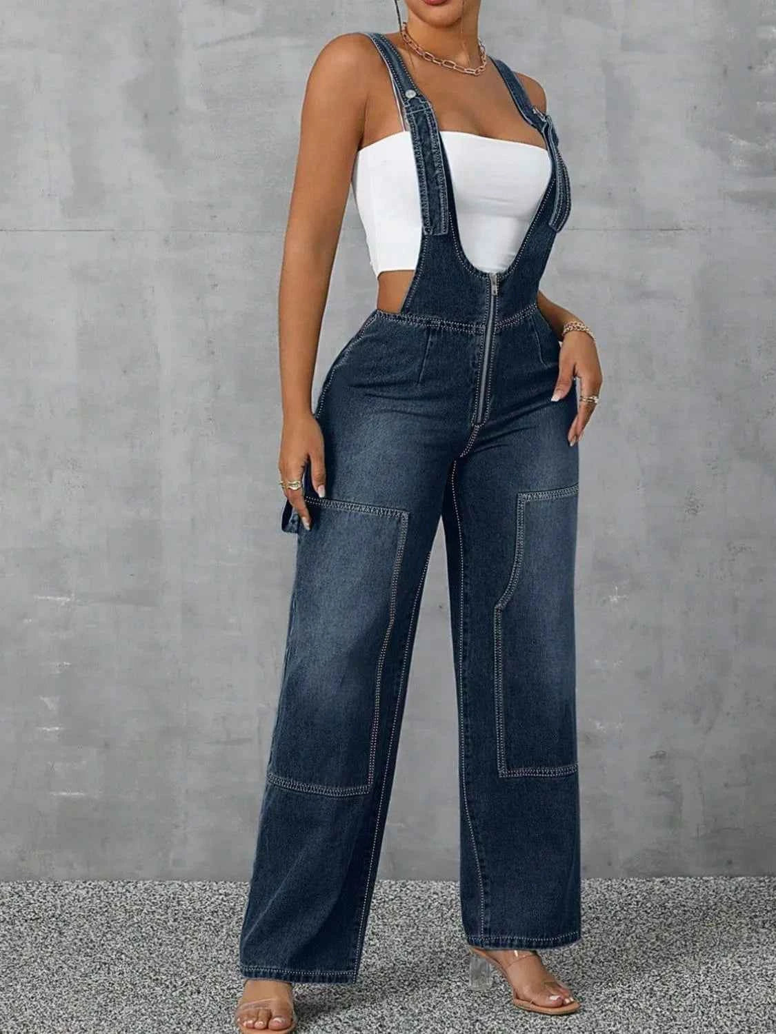 Zip Front Wide Strap Denim Overalls