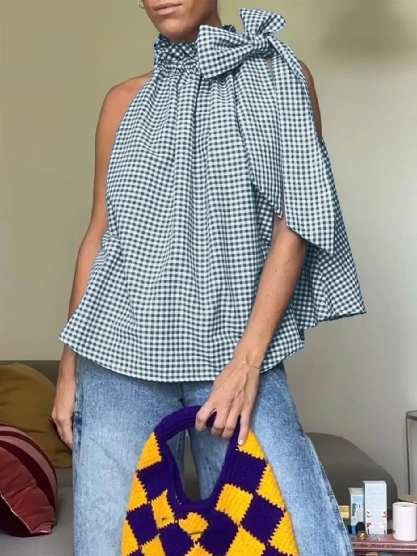 Asymmetric Gingham Bow Tie Sleeveless Top — Livostyle