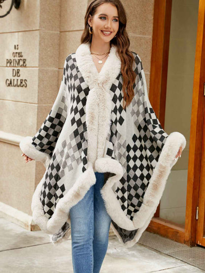 Checkered Faux Fur Trim Poncho — Livostyle