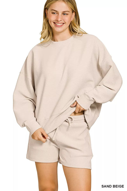 Ribbed Round Neck Pullover and Shorts Set in Sand Beige — Livostyle