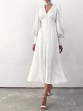 V-Neck Puff Sleeve Button-Down Midi Dress in White