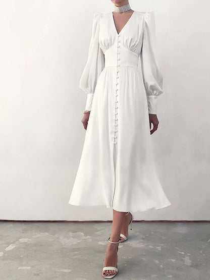 V-Neck Puff Sleeve Button-Down Midi Dress in White