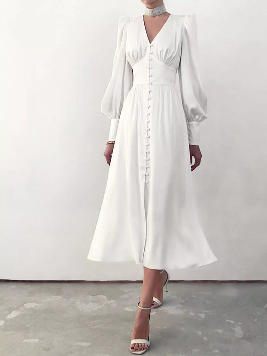 V-Neck Puff Sleeve Button-Down Midi Dress in White