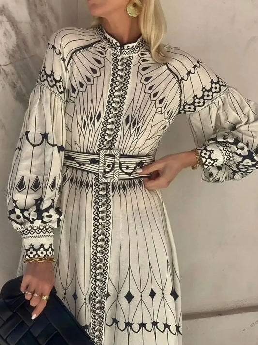 Printed Long Sleeve Shirt Dress with Belt in Beige