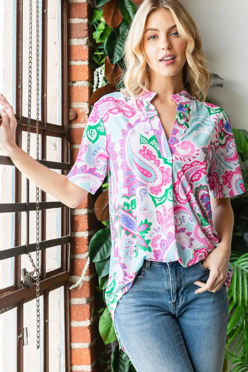 Full Size Paisley Print Short Sleeve Top — Livostyle