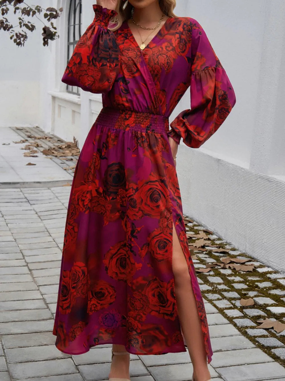Printed Surplice Long Sleeve Midi Dress with Split Hem – photo 4