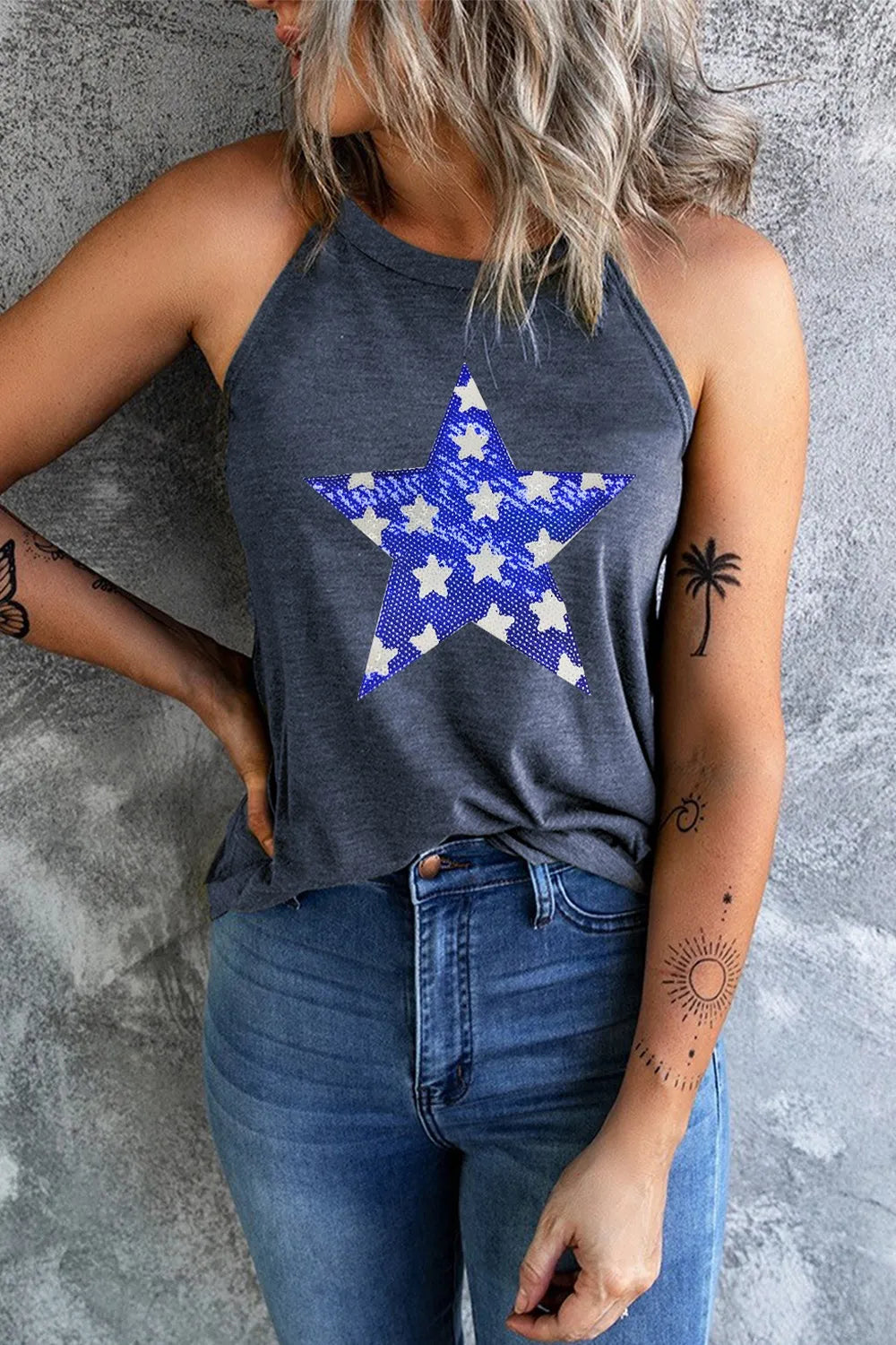 Sequin Star Grecian Neck Tank detail — Livostyle