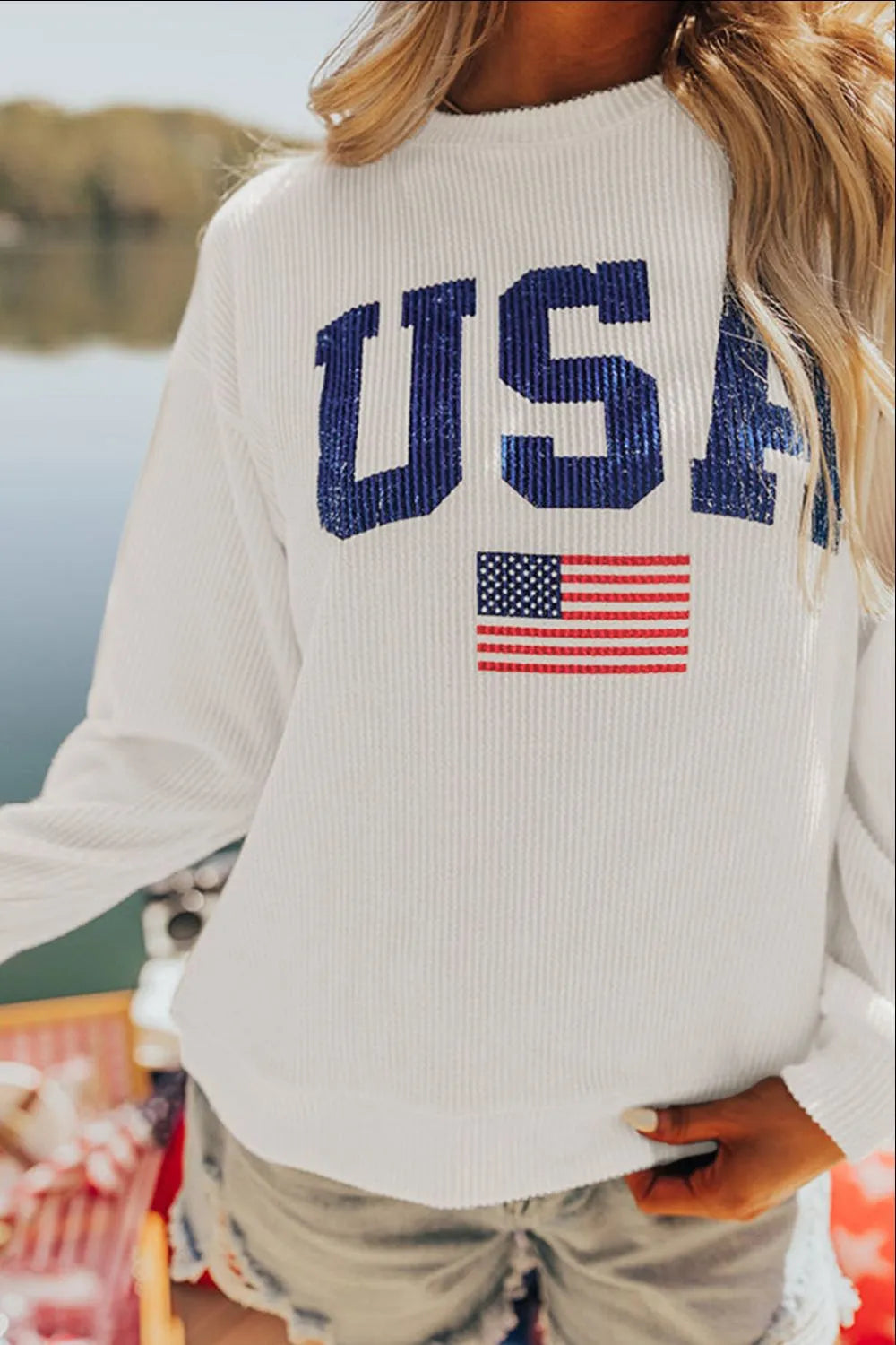 US Flag Corded Long Sleeve Sweatshirt back view — Livostyle