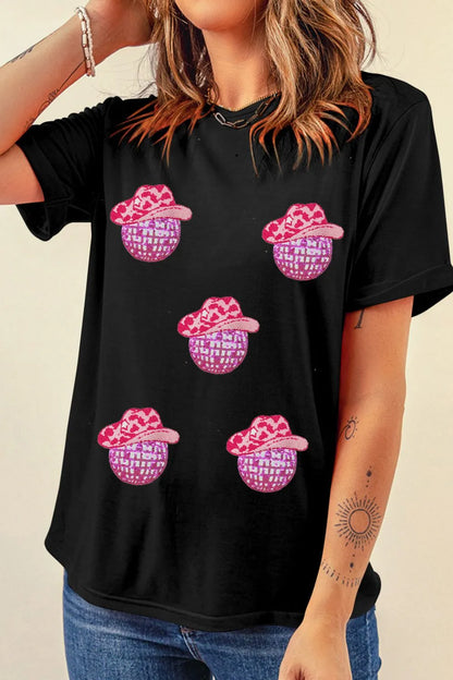 Cowboy Hat Disco Ball Patched Round Neck T-Shirt – photo 2