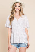 Playful Ditsy Print Wrap Blouse with V-Neck & Short Sleeves — Livostyle