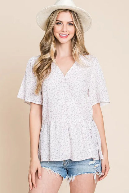 Playful Ditsy Print Wrap Blouse with V-Neck & Short Sleeves — Livostyle