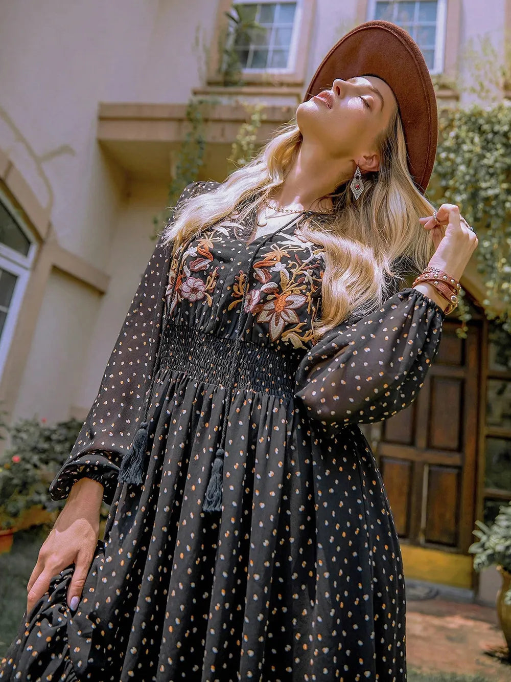 Embroidered Polka Dot Tie Neck Long Sleeve Midi Dress – photo 3