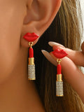 Stainless Steel Resin Lips Lipstick Rhinestone Earrings — Livostyle