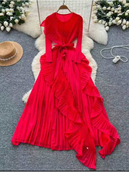 Ruffle Trim Pleated Midi Dress with Tie Detail in Red