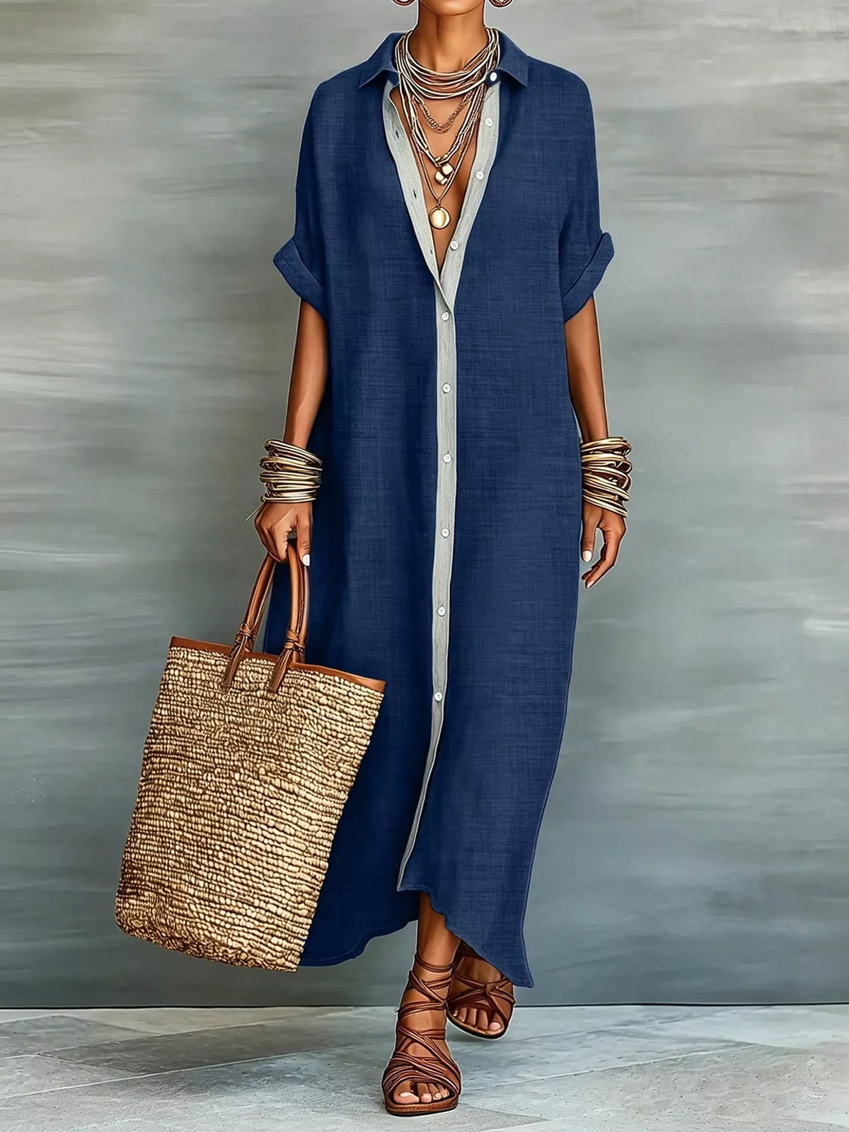 Casual Linen Shirt Dress with Button-Down Front in Dark Navy