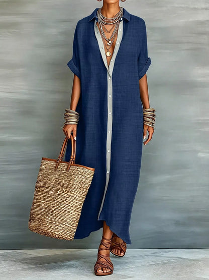 Casual Linen Shirt Dress with Button-Down Front in Dark Navy