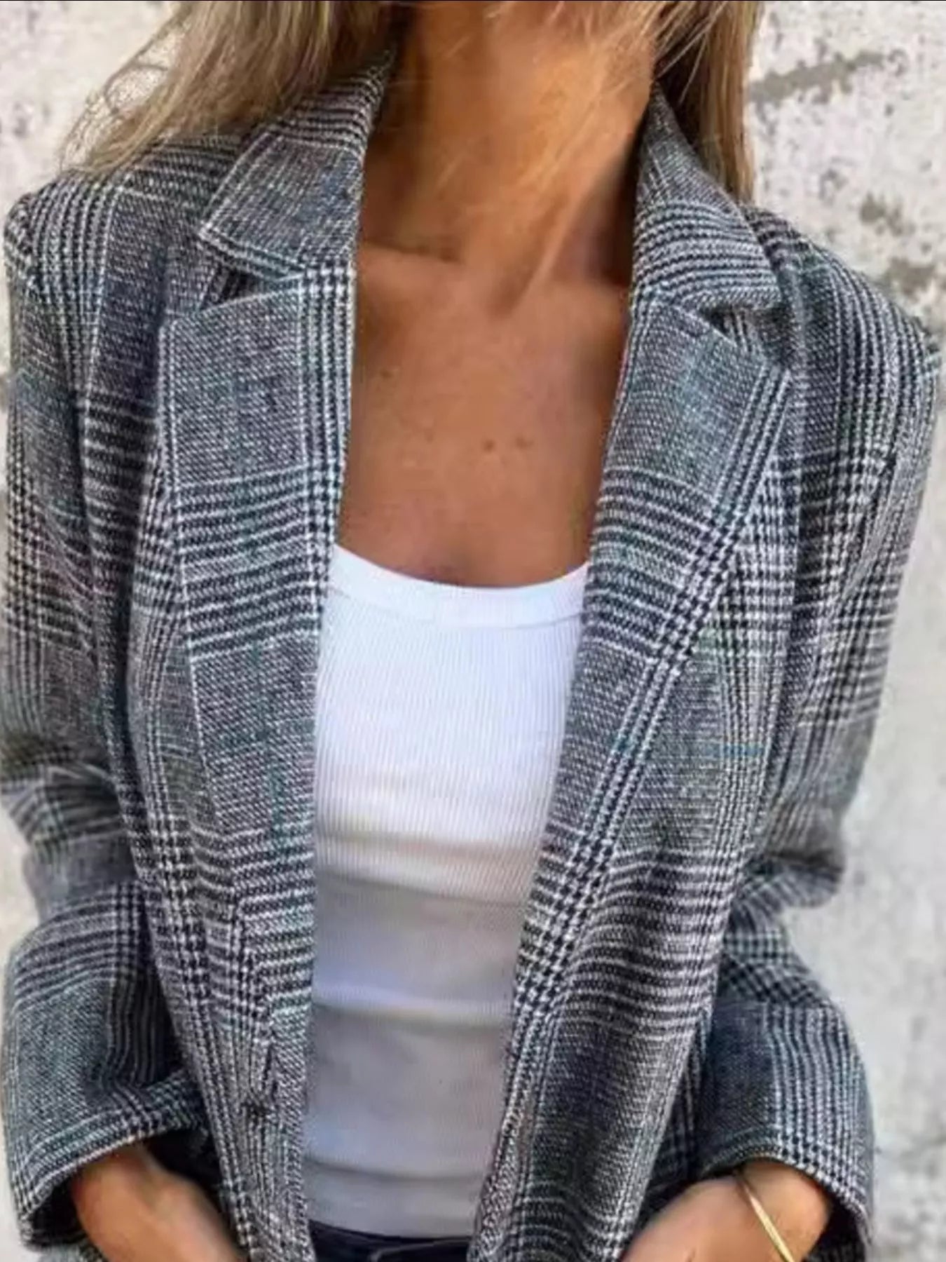 Full Size Plaid Single-Breasted Long Sleeve Blazer Plus Size detail — Livostyle
