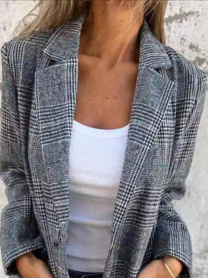 Full Size Plaid Single-Breasted Long Sleeve Blazer Plus Size detail — Livostyle