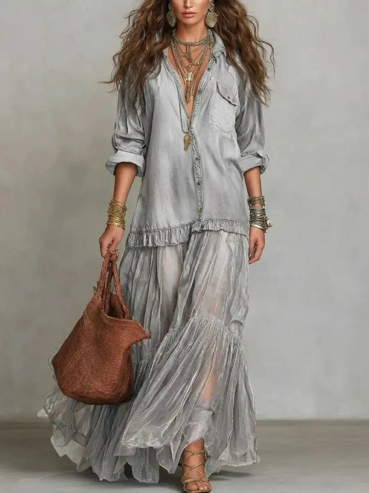 Long Sleeve Sheer Ruffle Maxi Dress in Light Gray