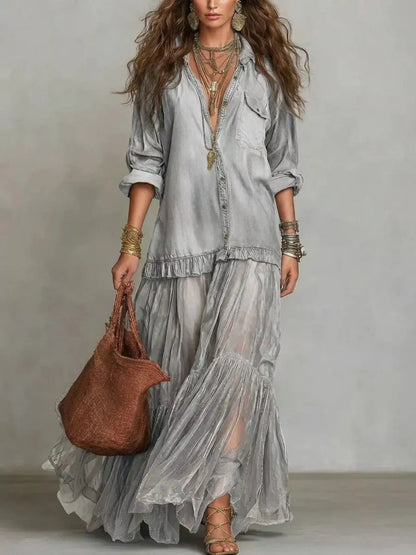 Long Sleeve Sheer Ruffle Maxi Dress in Light Gray