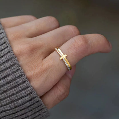 925 Sterling Silver Cross Ring — Dainty Gold Pavé — Livostyle