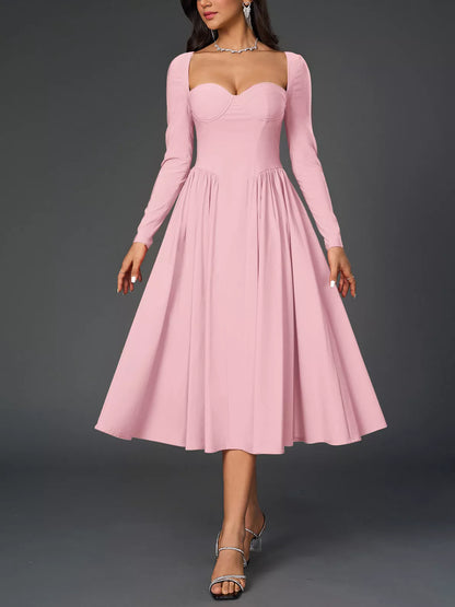 Sweetheart Neckline Long Sleeve A-Line Midi Dress in Pink