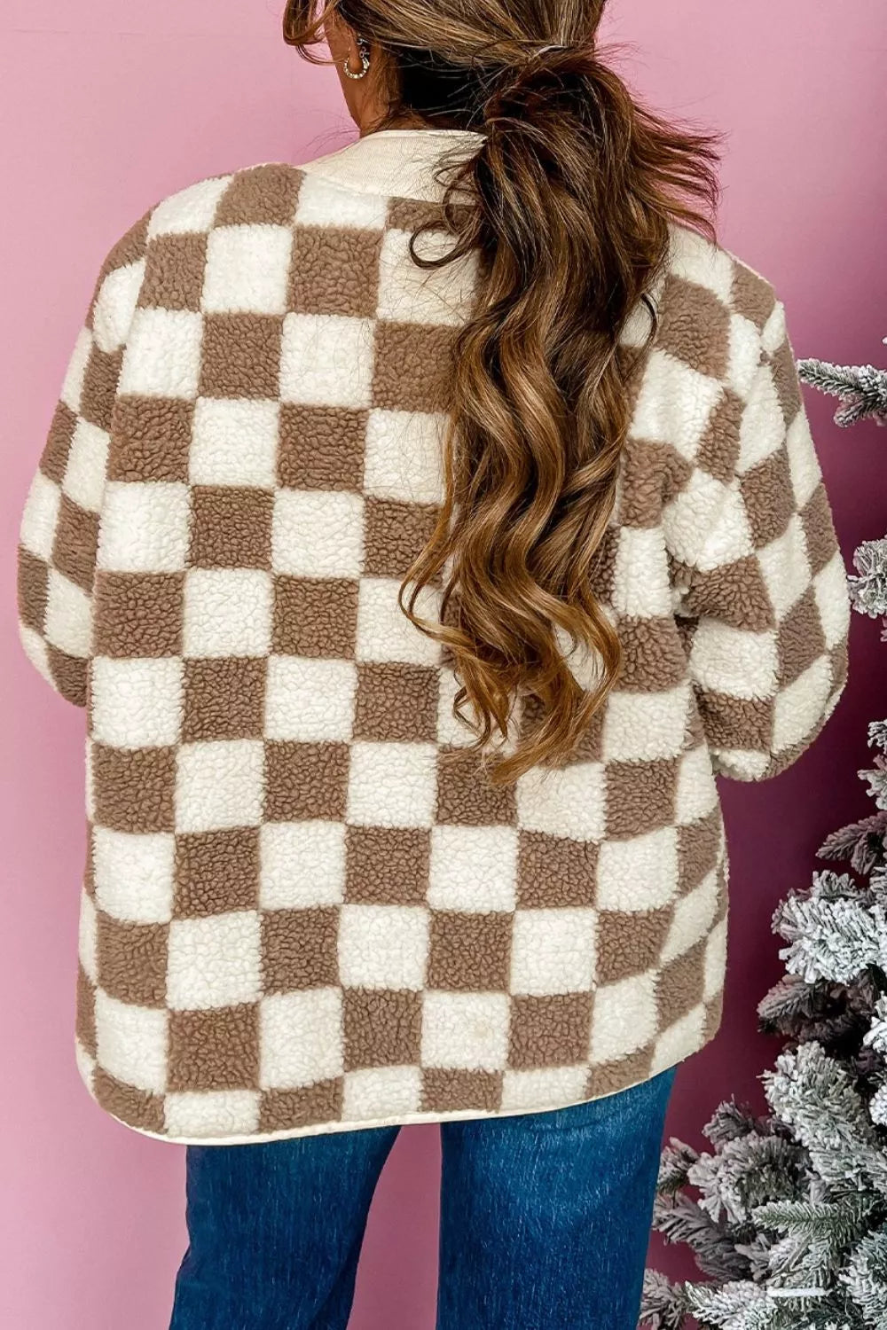 Checkered Sherpa Oversized Button Up Jacket detail — Livostyle