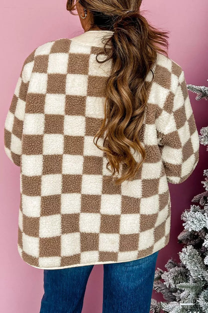Checkered Sherpa Oversized Button Up Jacket detail — Livostyle