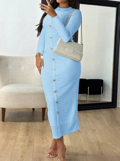 Textured Long Sleeve Midi Dress with Buttons in Blue