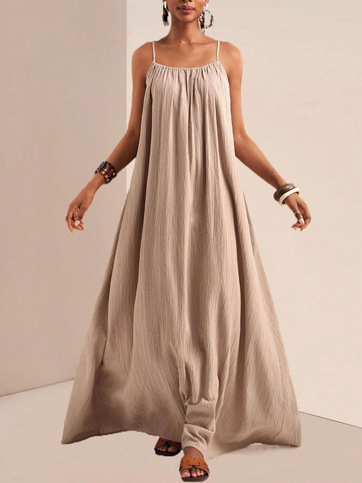 Spaghetti Strap Flowy Ruched Maxi Dress