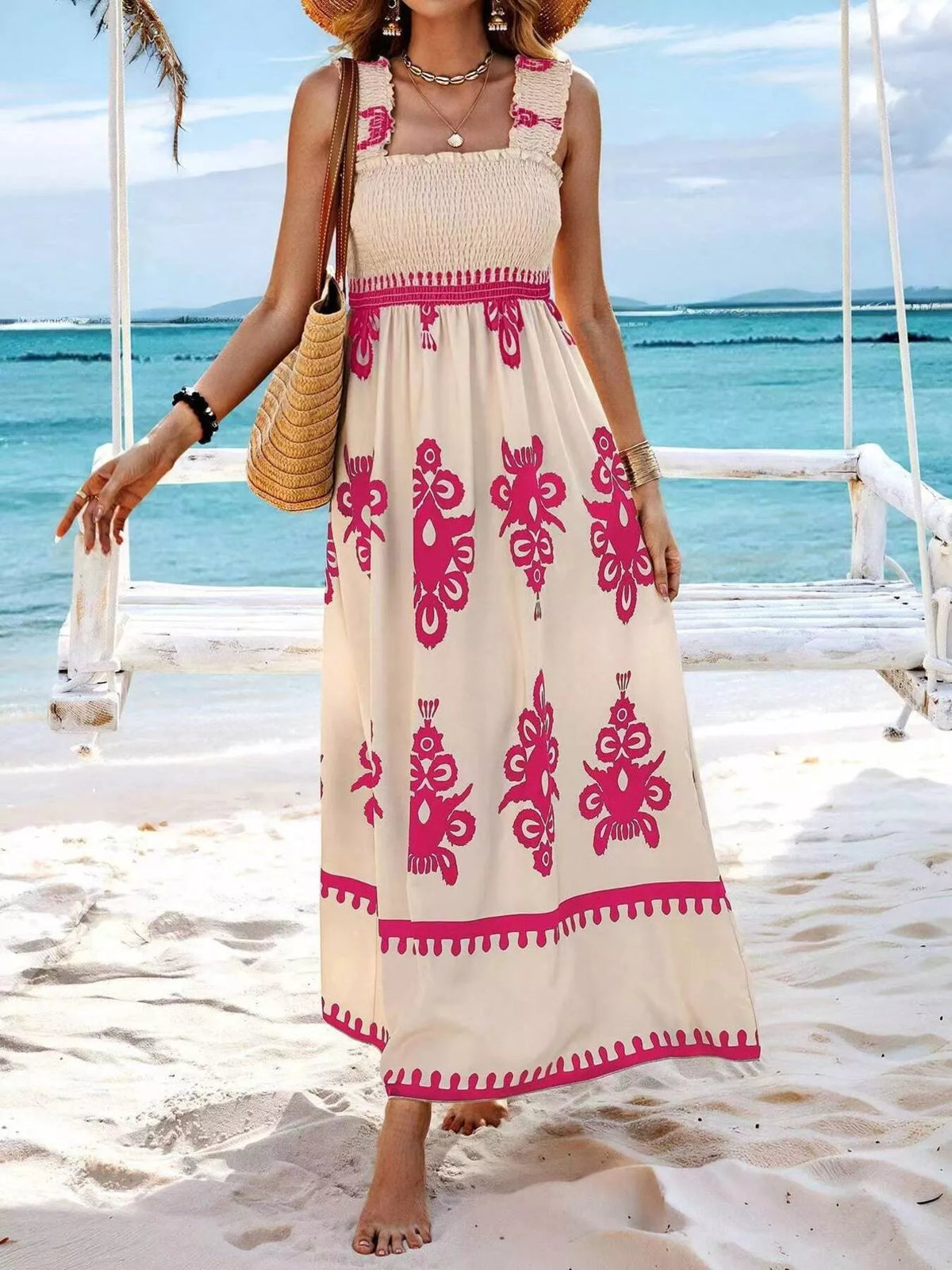 Smocked Printed Square Neck Ruffle Maxi Dress – photo 6