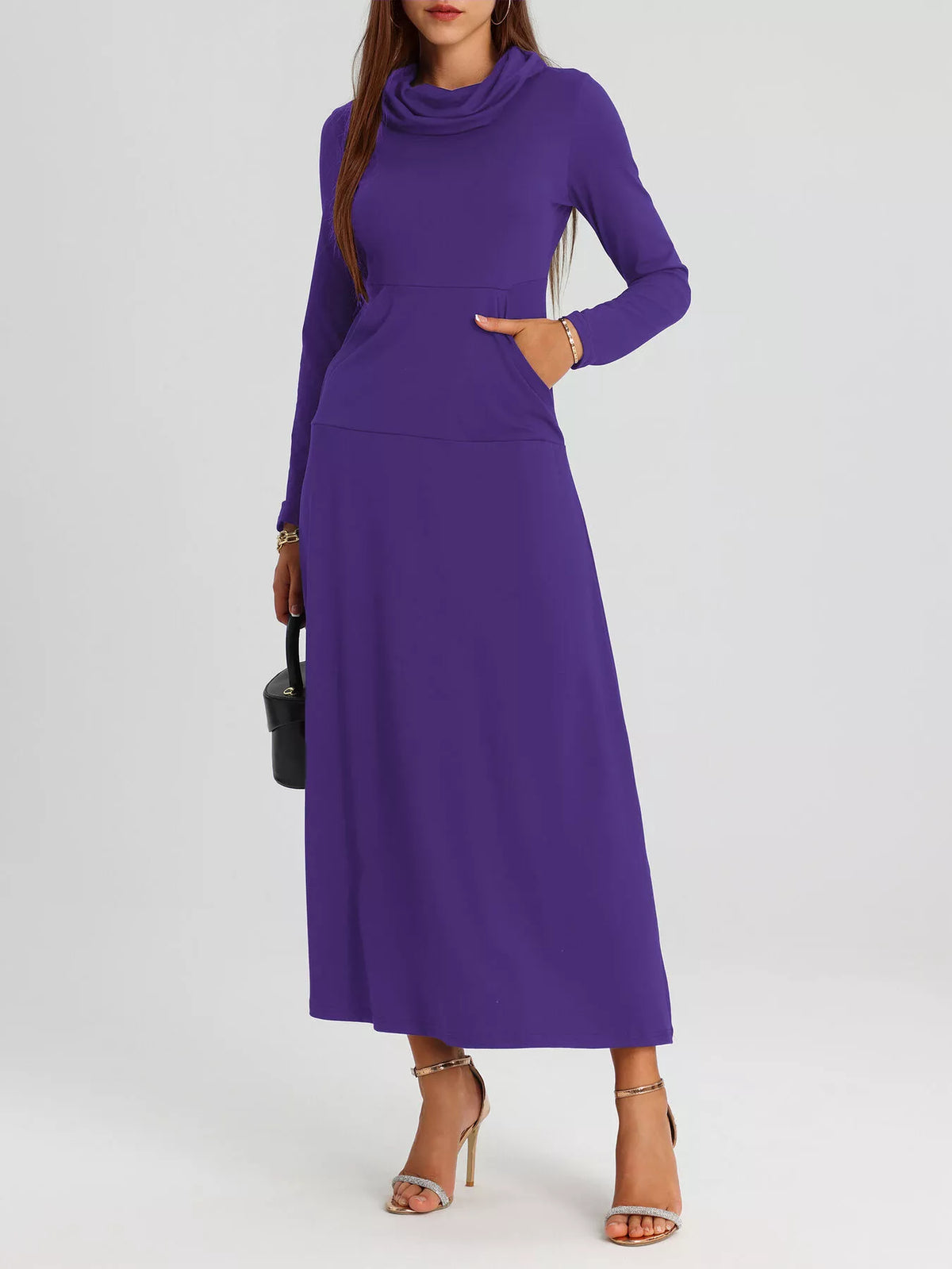 Cowl Neck Long Sleeve Midi Dress with Pockets – photo 14
