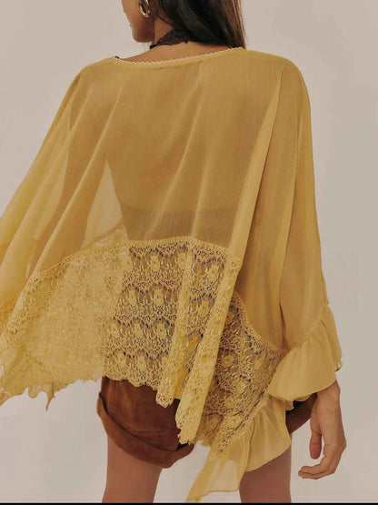 Lace V-Neck Ruffle Long Sleeve Cover-Up