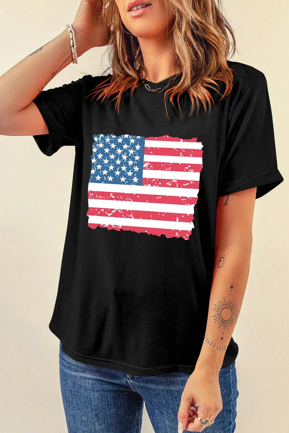 US Flag Round Neck Short Sleeve T-Shirt detail — Livostyle