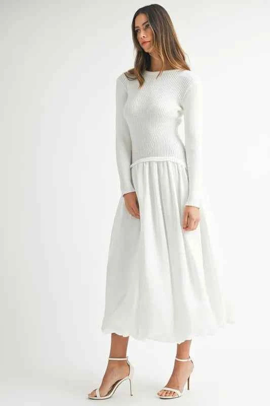 MABLE Ribbed Poplin Mix Midi Sweater Dress