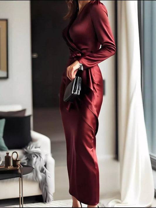 Surplice Satin Long Sleeve Dress with Belt – photo 2