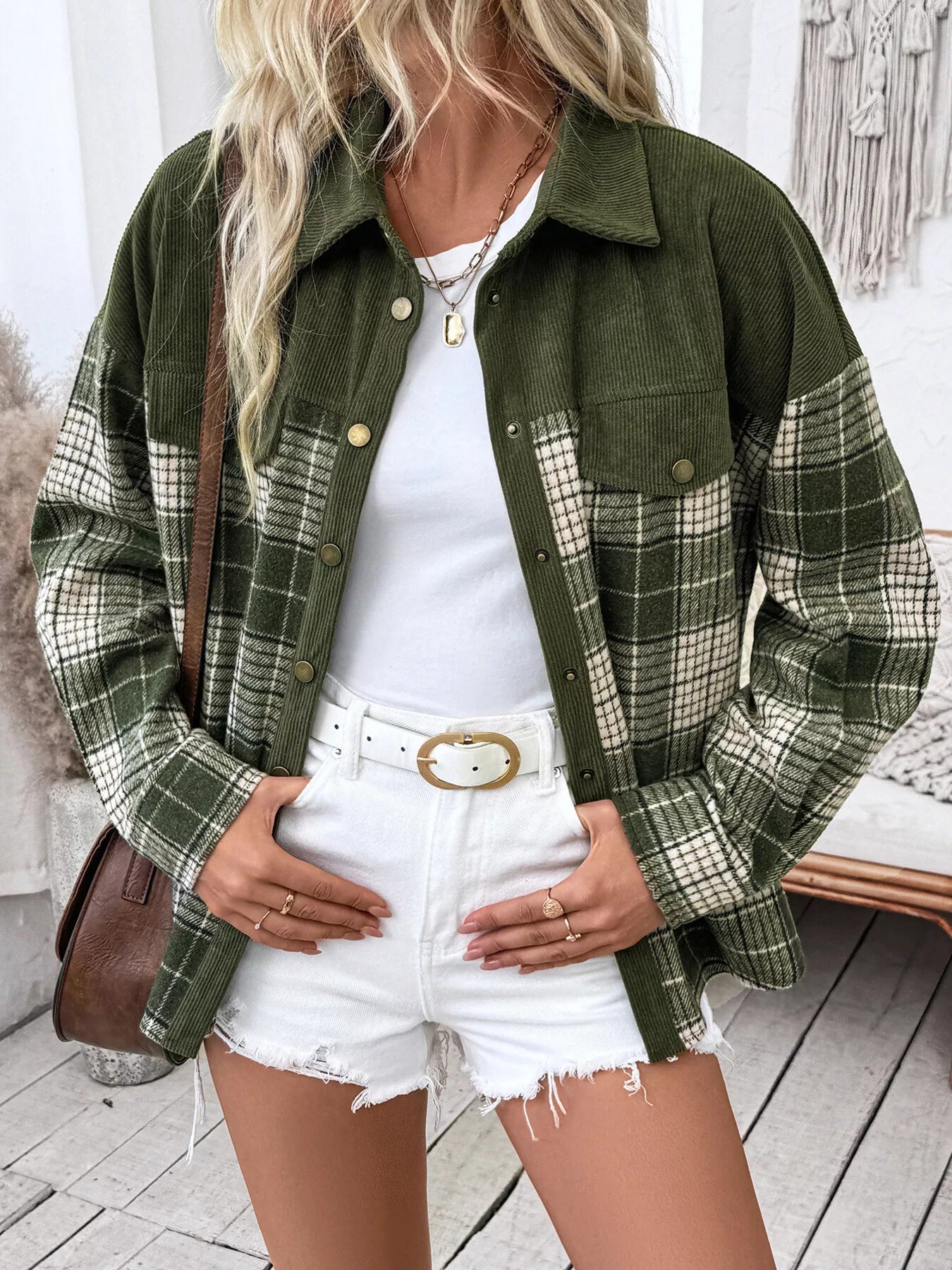 Plaid Button Up Long Sleeve Shacket closeup — Livostyle