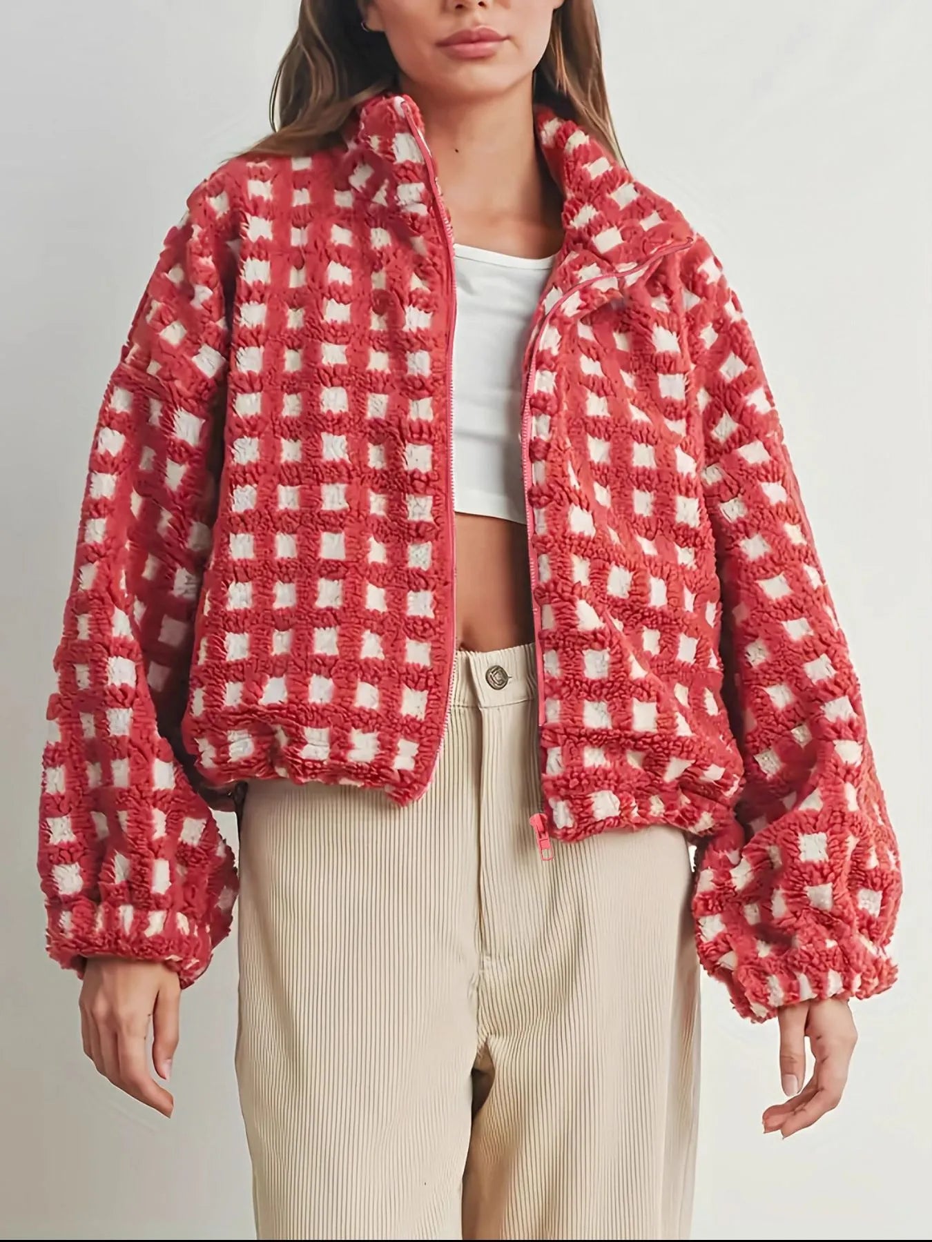 Fleece Checkered Puff Sleeve Bomber Jacket — Livostyle
