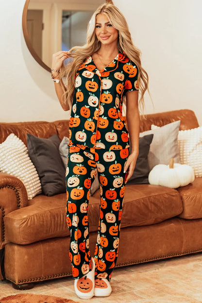 Pumpkin Printed Short Sleeve Top and Pants Lounge Set — Livostyle