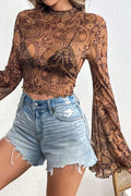 Printed Mock Neck Flare Sleeve Top — Livostyle
