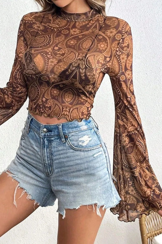 Printed Mock Neck Flare Sleeve Top — Livostyle