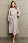 Printed Tie Waist Long Sleeve Midi Dress in Beige