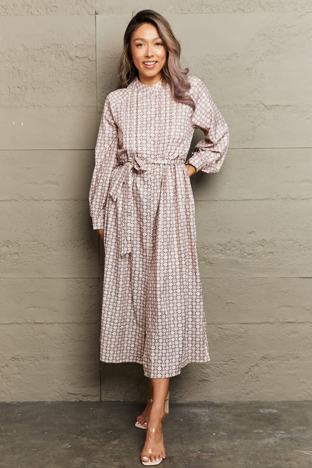Printed Tie Waist Long Sleeve Midi Dress in Beige