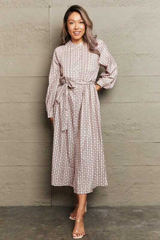 Printed Tie Waist Long Sleeve Midi Dress in Beige