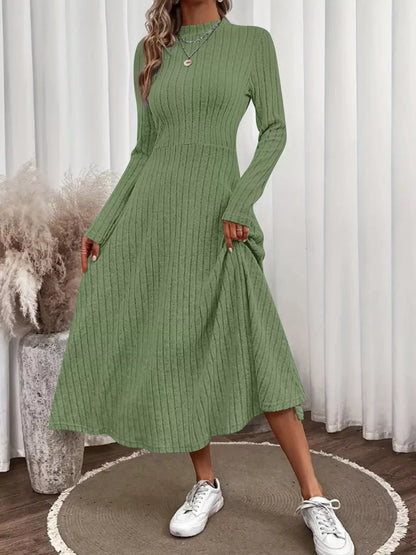 Basic Style Ribbed Knit Long Sleeve Midi Dress in Army Green