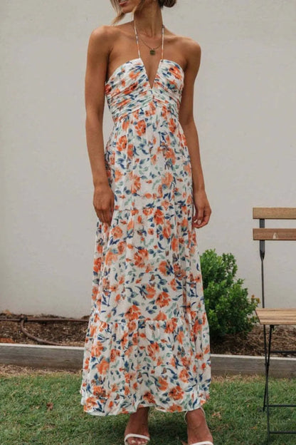 Floral Halter Neck Tiered Maxi Dress in Watermelon pink