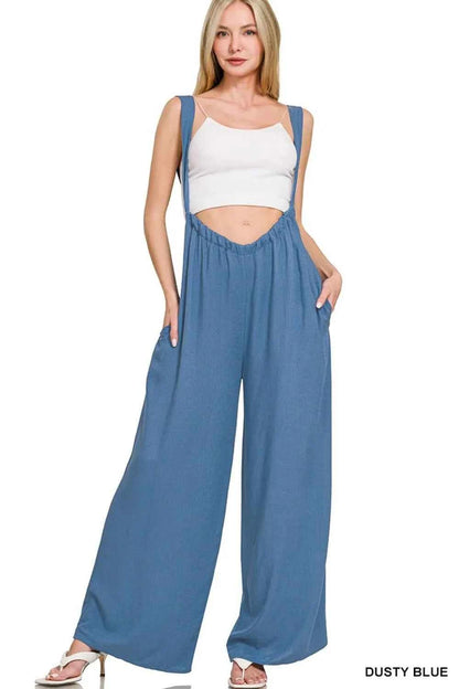 Woven Tie Back Suspender Jumpsuit with Pockets in Dusty Blue