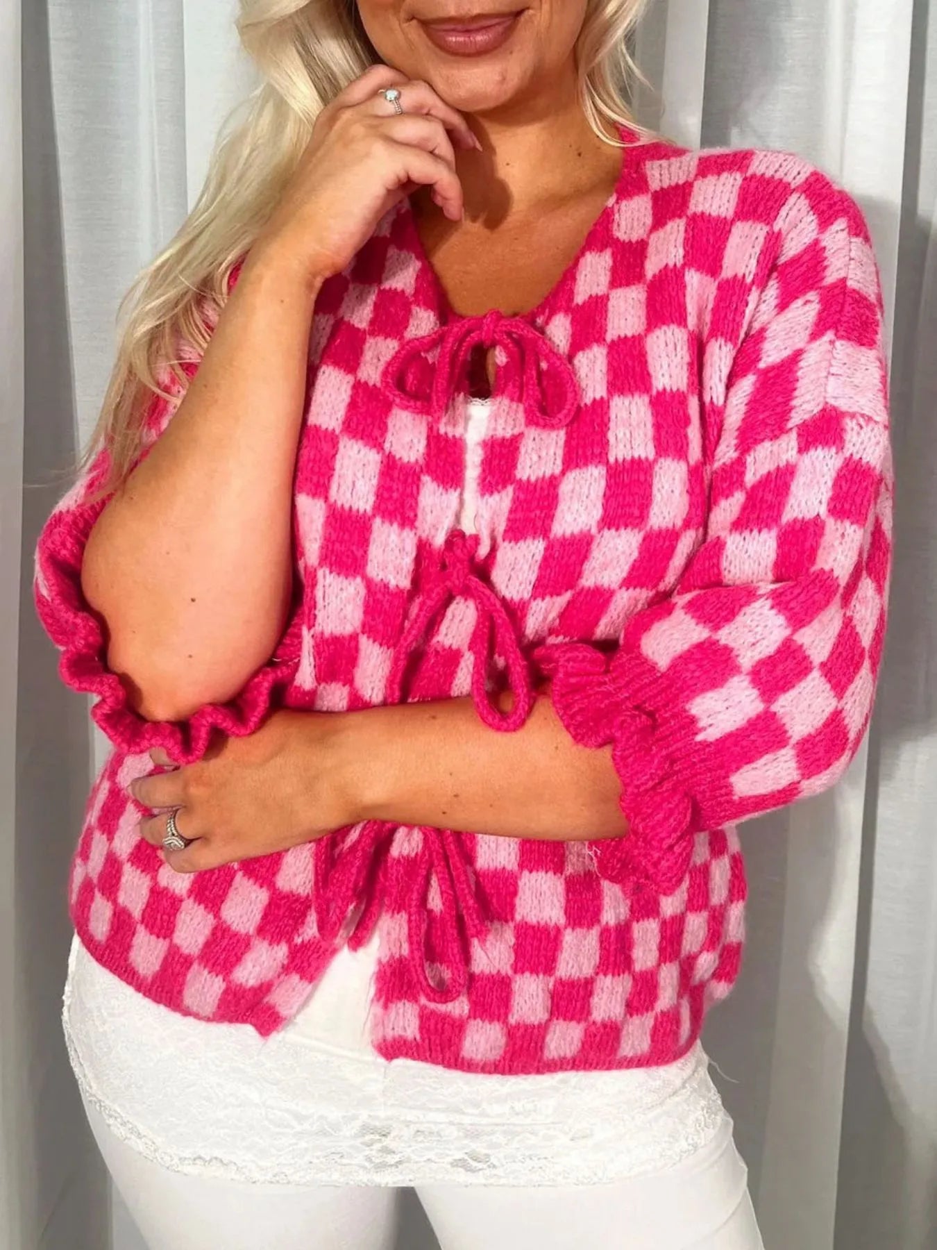 Checkered Tie-Front Knit Cardigan detail — Livostyle
