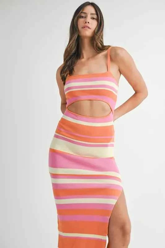 MABLE Multi Color Striped Front Cutout Knit Midi Dress