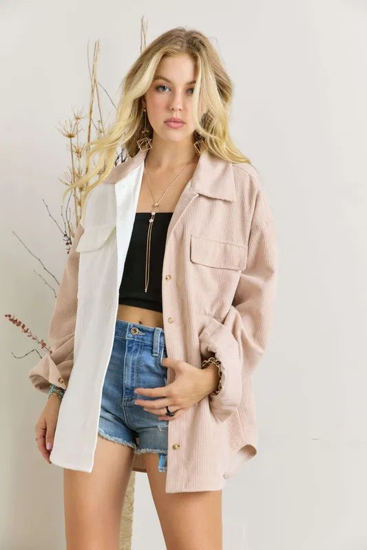 Trendy Oversized Color Block Corduroy Shacket — Livostyle